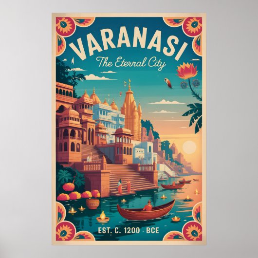 Varanasi India Retro Reisposter Poster (Voorkant)