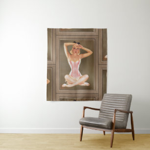 Varga Girl in een roze corset van Alberto Vargas Wandkleed