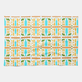 Various dry pasta shapes basil and baguettes theedoek