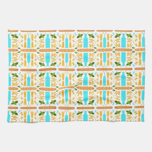 Various dry pasta shapes basil and baguettes theedoek (Horizontaal)