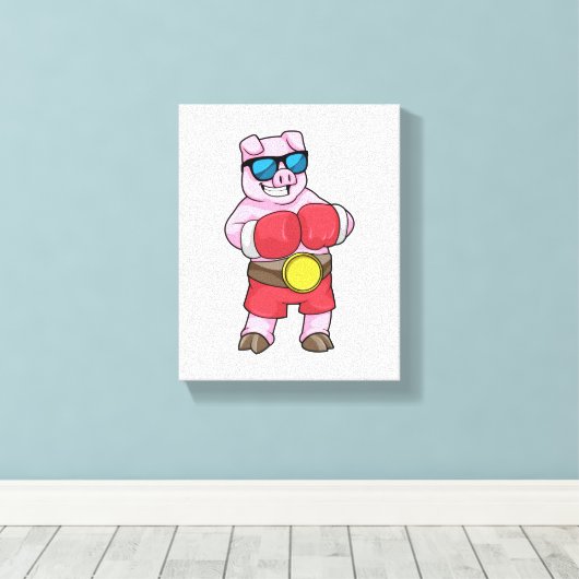 Varken als Boxer met Boxing-handschoenen Canvas Afdruk (Insitu (Houten vloer))