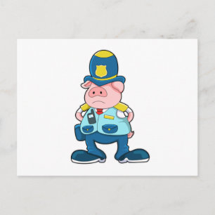 Varken als politieagent met politie-uniform en -ho briefkaart