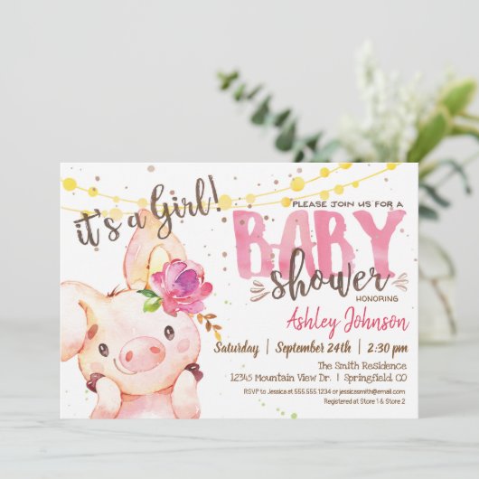 Varken Baby shower uitnodiging, Meisje Boerderij Kaart (Staand voorkant)