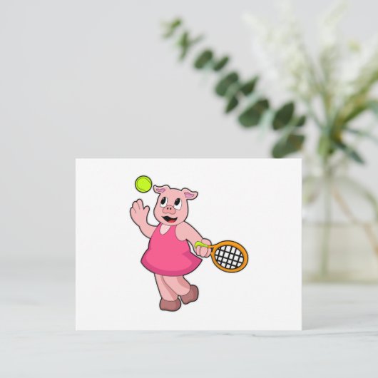 Varken bij tennis met tennisracket briefkaart (Staand voorkant)