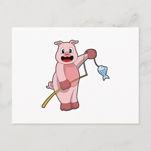 Varken bij vissen met hengel en vis briefkaart (Voorkant)