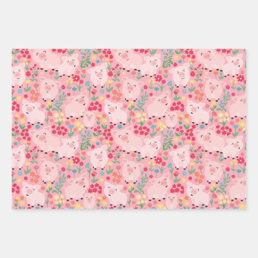 Varken Boerderij Dier Bloemen Rustiek Verjaardagsf Inpakpapier Vel (Voorkant 3)