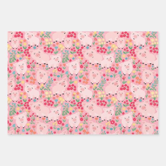 Varken Boerderij Dier Bloemen Rustiek Verjaardagsf Inpakpapier Vel (Voorkant 2)