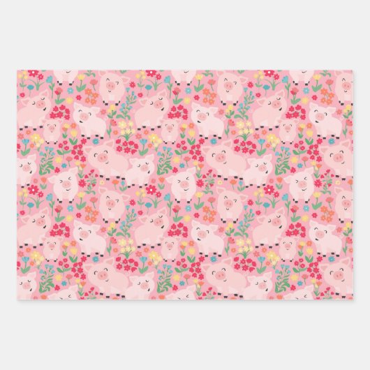 Varken Boerderij Dier Bloemen Rustiek Verjaardagsf Inpakpapier Vel (Voorkant)