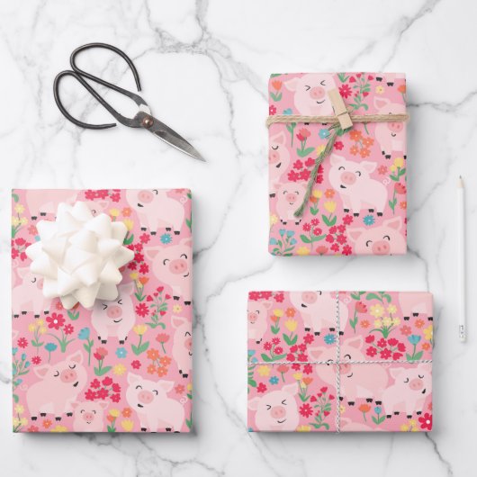 Varken Boerderij Dier Bloemen Rustiek Verjaardagsf Inpakpapier Vel (Voorkant)