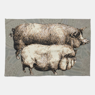 Varken Boerderij Land Antiek Illustratie Art Theedoek