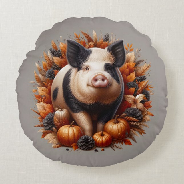 Varken en herfstloof  rond kussen (Voorkant)