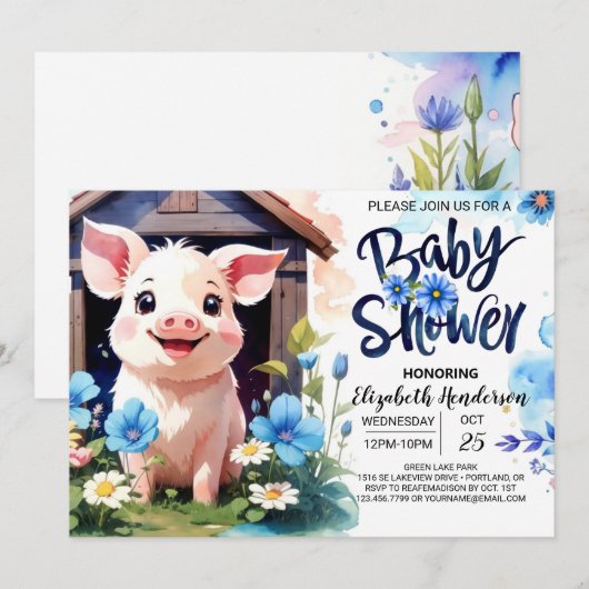 Varken en Wildbloemen Boerderij Baby shower Kaart (Voorkant / Achterkant)