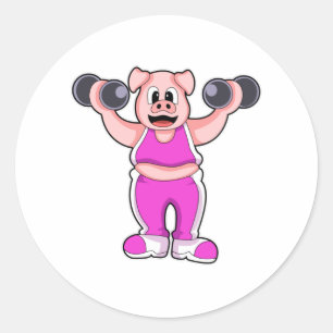 Varken in Bodybuilding met Dumbbells Ronde Sticker