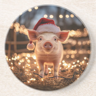 Varken in een Santa Hat Ronde Zandsteen Onderzetter