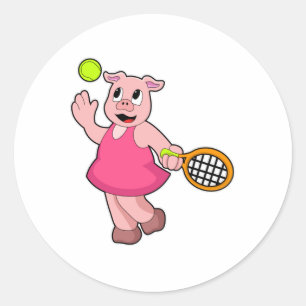 Varken in Tennis met Tennis racket Ronde Sticker