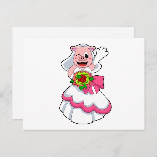 Varken in trouwjurk & met bos bloemen briefkaart (Voorkant / Achterkant)