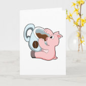 Varken met kopje koffie kaart (Gele Bloem)