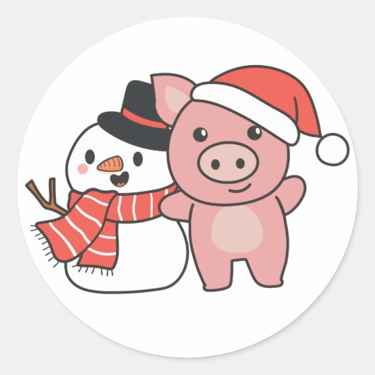 Varken met Snowman in de winter voor kerstavond Kl Ronde Sticker (Voorkant)