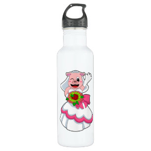 Varken met trouwjurk & bos bloemen waterfles 