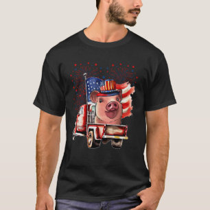 Varken op pick-up truck met Amerikaanse vlag 4 jul T-shirt