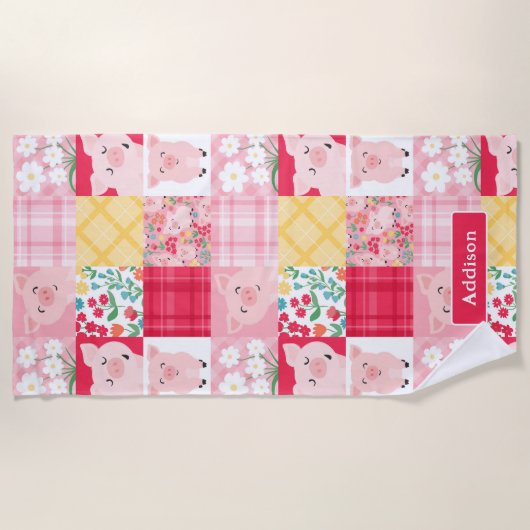 Varken Patchwork Bloemen Rustiek Gepersonaliseerd Strandlaken (Voorkant)