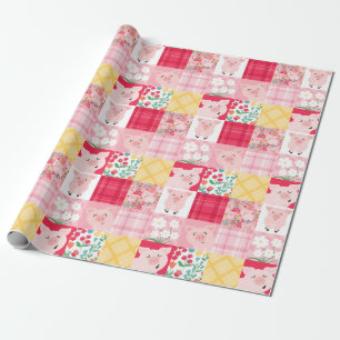 Varken Patchwork Bloemen Rustiek Verjaardagsfeest Cadeaupapier