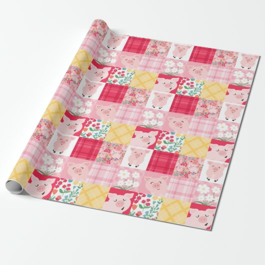 Varken Patchwork Bloemen Rustiek Verjaardagsfeest Cadeaupapier (Uitgerold)