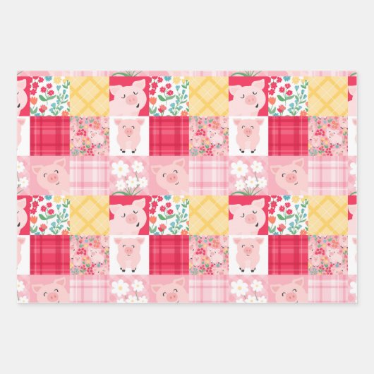 Varken Patchwork Bloemen Rustiek Verjaardagsfeest Inpakpapier Vel (Voorkant 3)