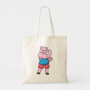 Varkens als Bodybuilder met grote bovenarm Tote Bag