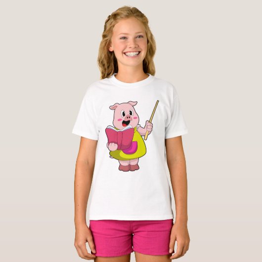 Varkens als leraar met boek t-shirt (Voorkant volledig)