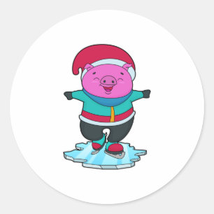 Varkens bij ijsschaatsen met ijs-schaatsen en -Pet Ronde Sticker