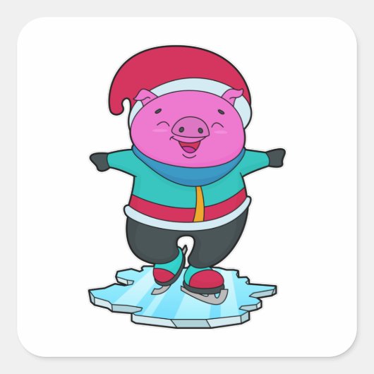 Varkens bij ijsschaatsen met ijs-schaatsen en -Pet Vierkante Sticker (Voorkant)
