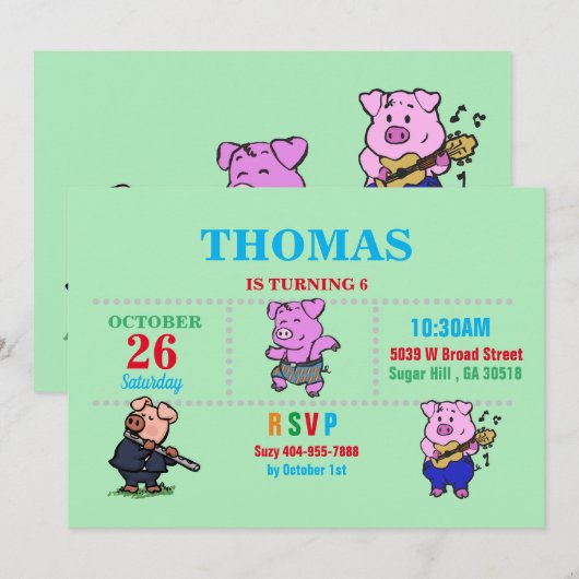 Varkens Cartoon Uitnodiging (Voorkant / Achterkant)