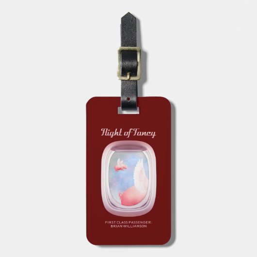 Varkens die langs het raam van een vliegtuig vlieg bagagelabel (Voorkant verticaal)