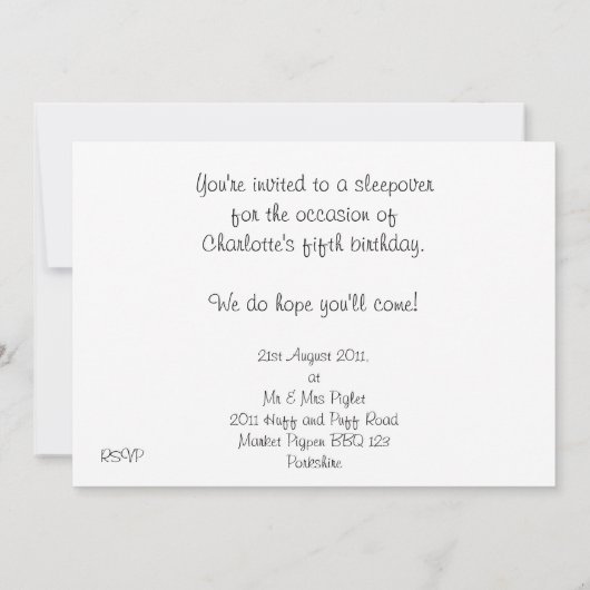 Varkens die slapen, sleepover-uitnodiging kaart (Achterkant)