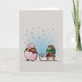 Varkens en egel met sjaals feestdagen kaart