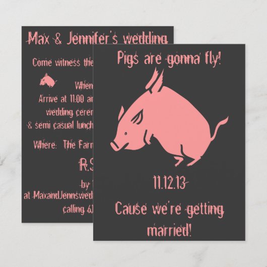 "Varkens gaan vliegen!" huwelijksuitnodiging Kaart (Voorkant / Achterkant)