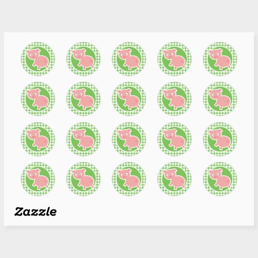 Varkens; Groen Gingham Ronde Sticker (Vel)