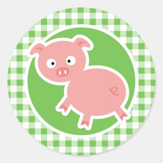 Varkens; Groen Gingham Ronde Sticker (Voorkant)