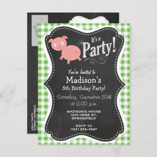 Varkens; Groen Gingham Uitnodiging Briefkaart (Voorkant / Achterkant)