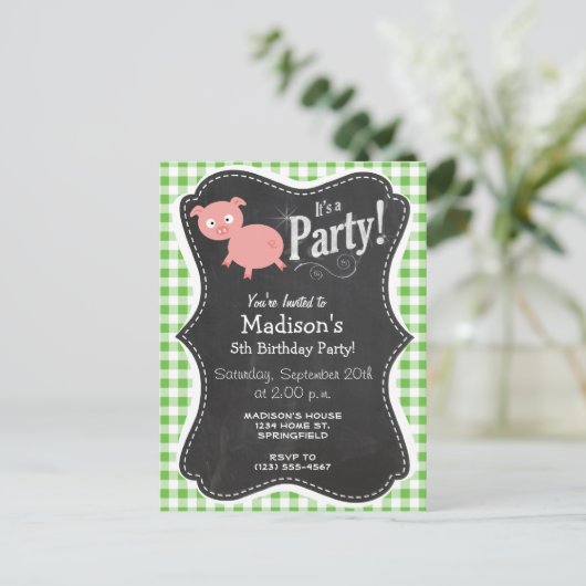 Varkens; Groen Gingham Uitnodiging Briefkaart (Staand voorkant)