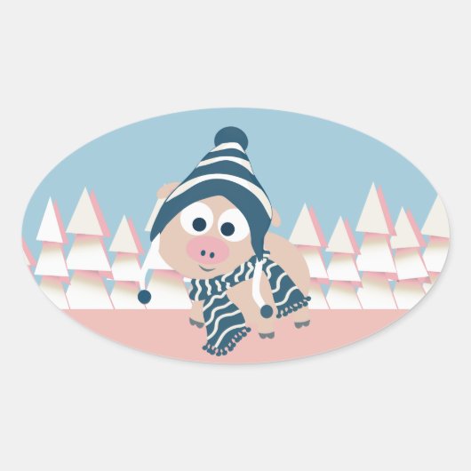 Varkens in de winter ovale sticker (Voorkant)