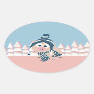 Varkens in de winter ovale sticker