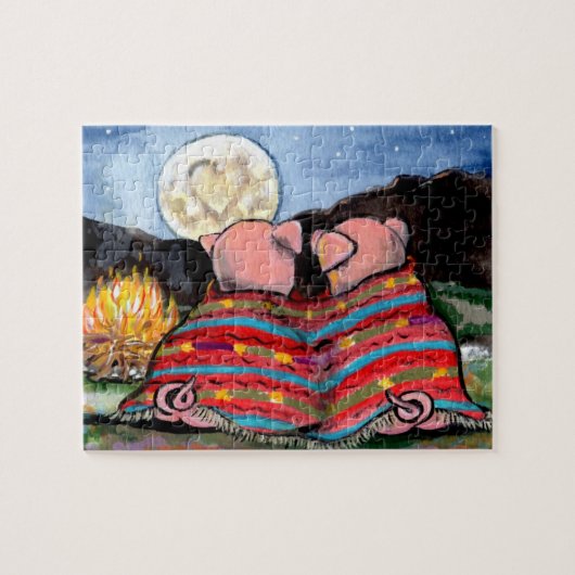Varkens in een Romantische Night Moon Stars Kunst Legpuzzel (Horizontaal)