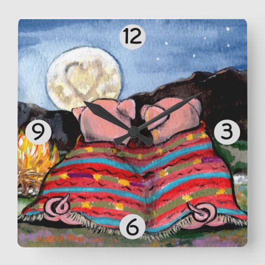 Varkens in een Romantische Night Moon Stars Kunst Vierkante Klok (Voorkant)