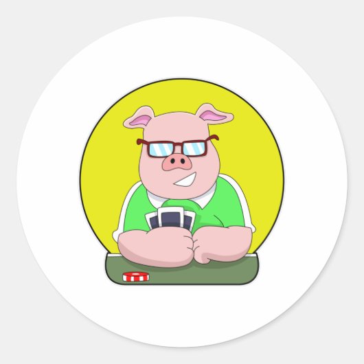 Varkens in Poker met Kaarten Ronde Sticker (Voorkant)