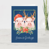 Varkens Kerstmis met de kerstman en de rendieren Feestdagen Kaart (Voorkant)