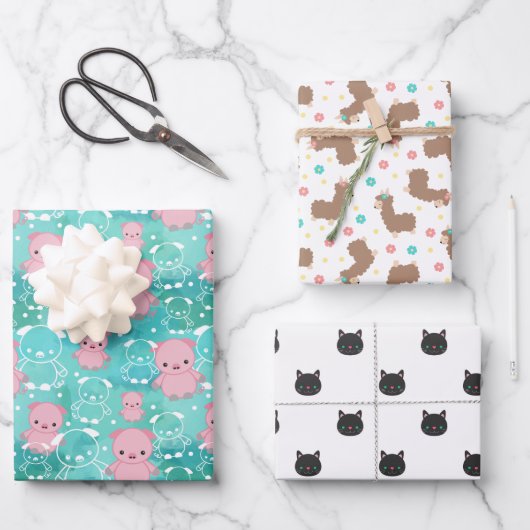 Varkens Llamas Katten Gemengde Dierenpatronen Inpakpapier Vel (Voorkant)