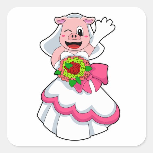 Varkens met bruiloft-jurk en bundel met bloemen vierkante sticker (Voorkant)