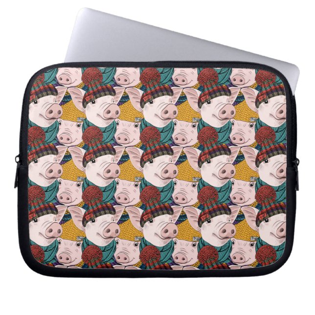 Varkens met Petten patroon Laptop Sleeve (Voorkant)